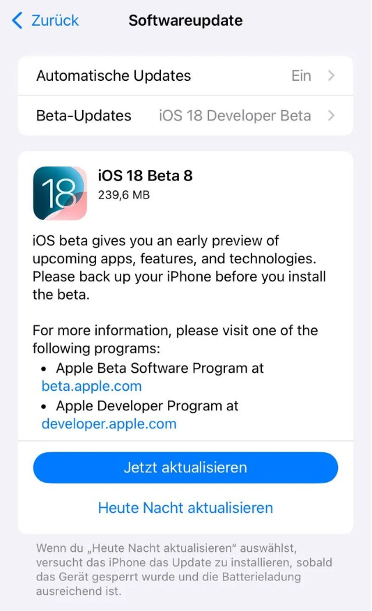 邵原镇苹果手机维修分享苹果 iOS / iPadOS 18 开发者预览版 Beta 8 发布 